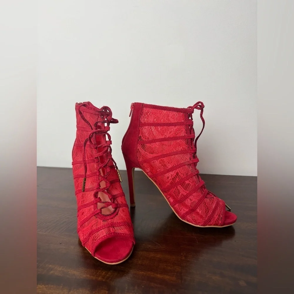 JustFab Red Lace Up Stiletto Heels, US Size 8.5